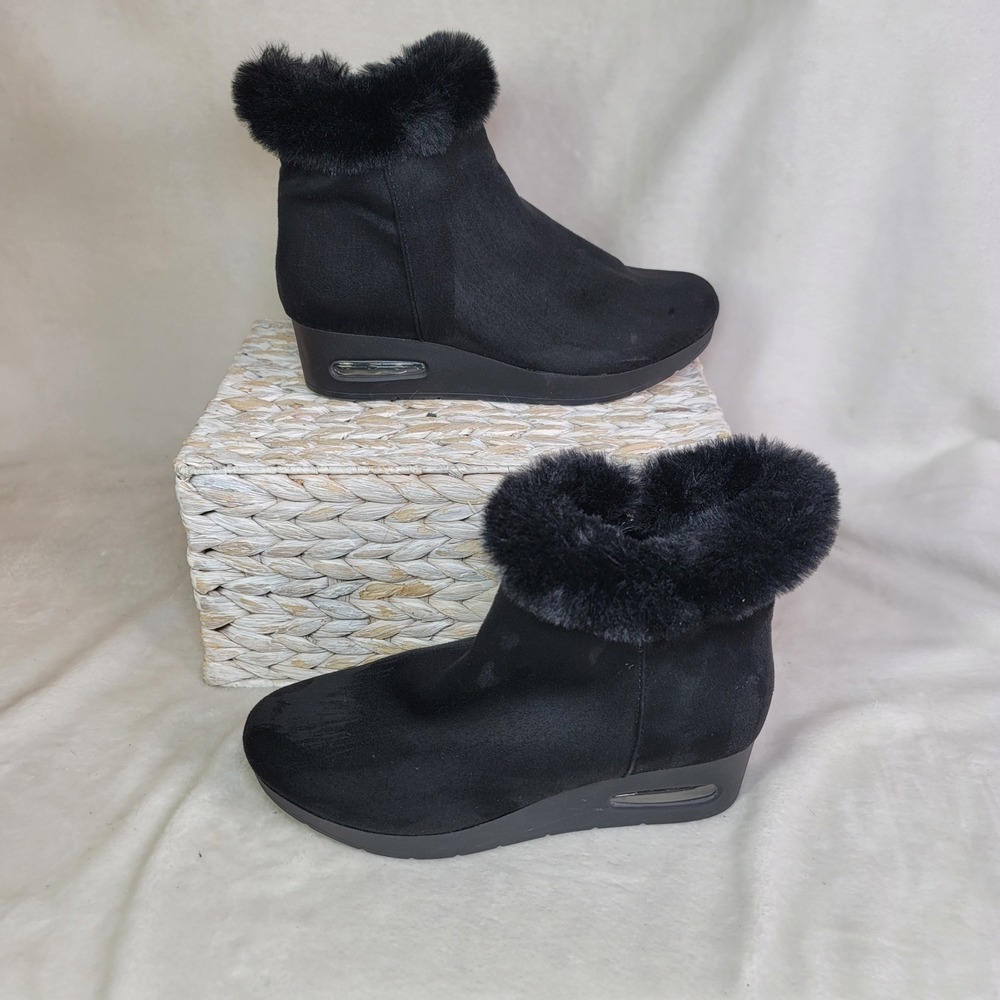 Whimsigoth Elf Ankle Boots Goblincore Dark Fairy Wedge Black Faux Fur Size 8.5M